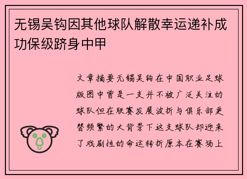无锡吴钩因其他球队解散幸运递补成功保级跻身中甲